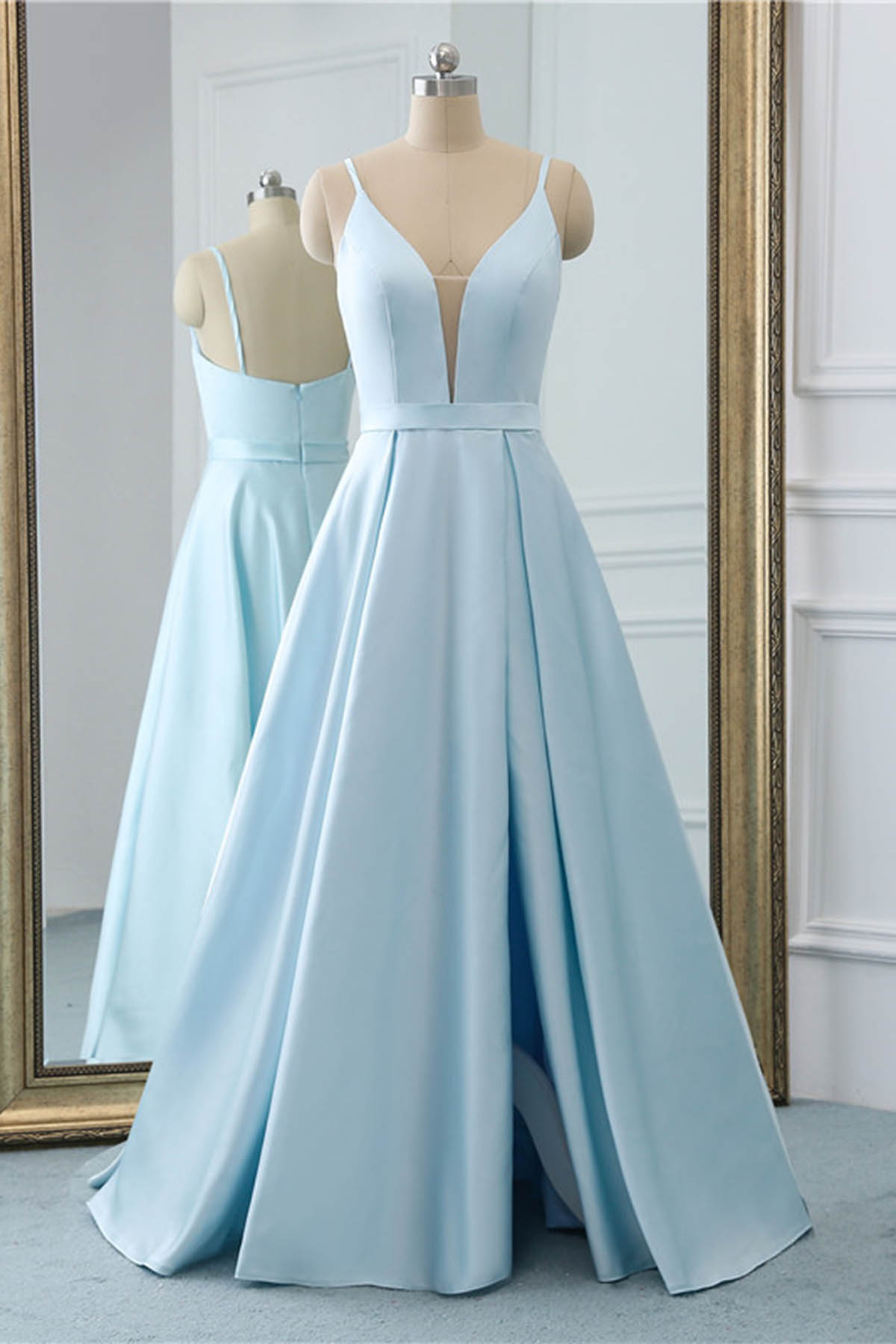 Light Blue Satin Simple Floor Length Prom Dress With Slit, Straps Long Formal Dress