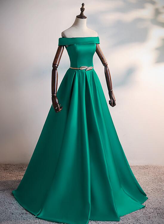 Green Satin Simple Off Shoulder Style Prom Dress, Long Formal Dress