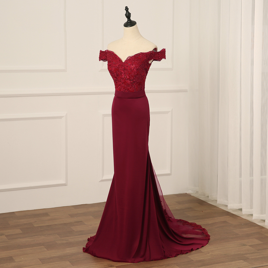 Wine Red Mermaid Lace Top Off Shoulder Prom Dress, Burgundy Evenin Dress