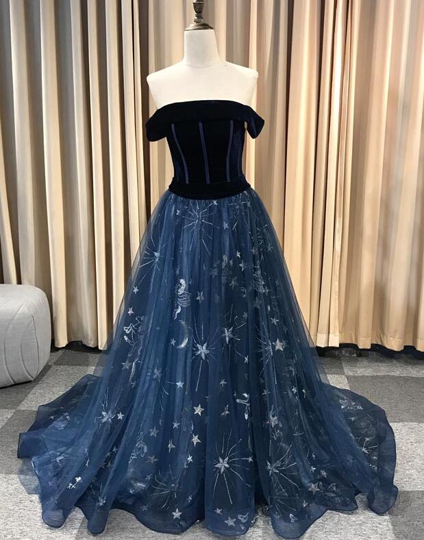 Navy Blue Tull Floral Long Off Shoulder Evening Dress, Style Prom Dress Party Dress