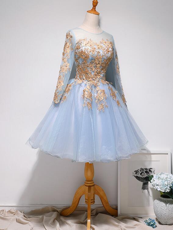 Light Blue Short Tulle With Lace Applique Party Dress, Blue Homecoming Dress Prom Dress
