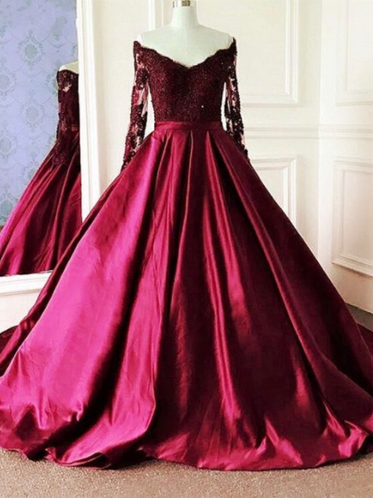 Burgundy Satin Long Lace Prom Dresses, Wine Red Long Sleeves Lace Formal Evening Dresses