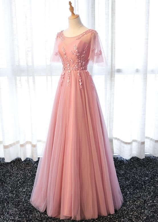Pink A-line Short Sleeves Long Formal Dress, Pink Floor Length Bridesmaid Dress