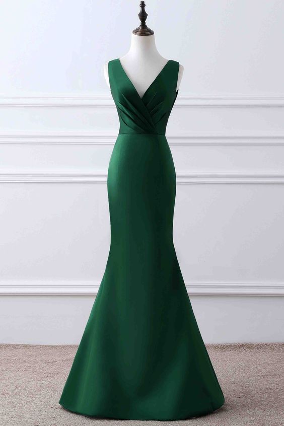 Dark Green Mermaid Satin Long Wedding Party Dress, Green Long Formal Dress 2021
