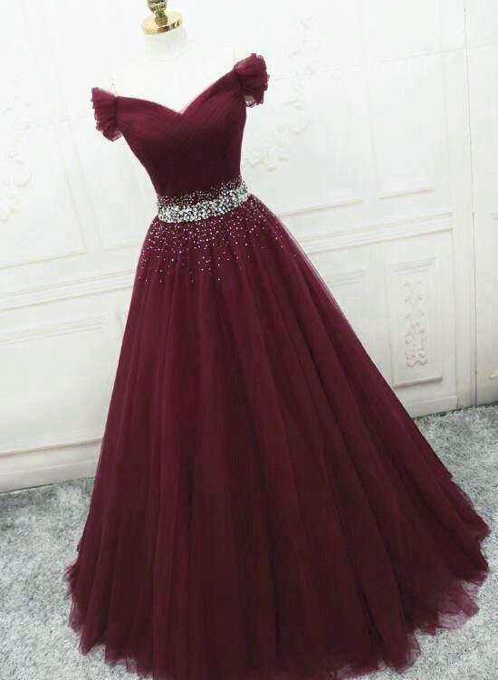 Burgundy Sequins Tulle Fashionable Tulle Long Party Dress, Off Shoulder Formal Dress
