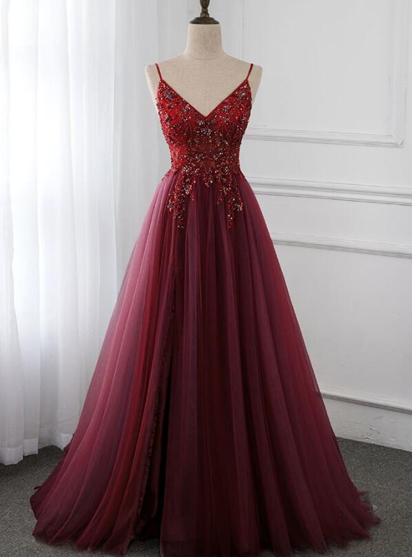 Beautiful Burgundy Long Tulle V-neckline Beaded Junior Prom Dress, Dark Red Party Dress