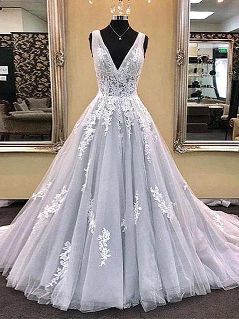 Charming Light Gray Lace Prom Dresses, Silver Grey Lace Formal Evening Dresses