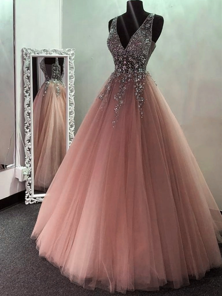 Pink V Neck Beadedtulle Long Prom Dresses, V Neck Formal Evening Dresses, Pink Ball Gown