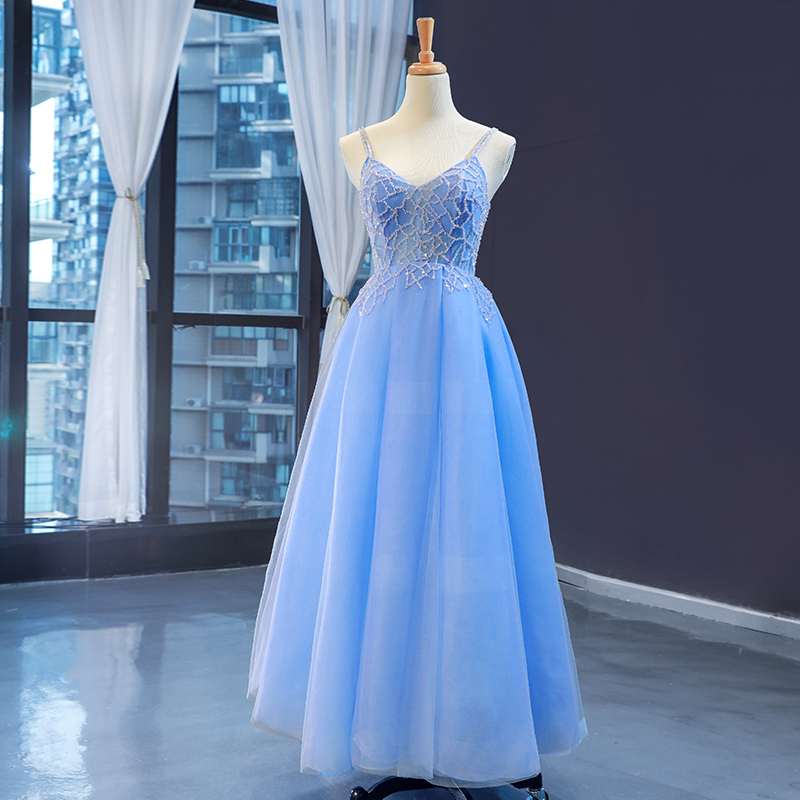 Blue Tulle Beaded Long V-neckline Party Dress, Blue Fashionable Formal Dress Prom Dress