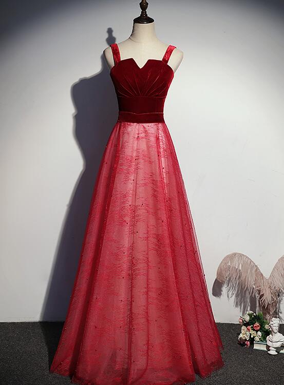 Lovely Tulle With Velvet Top Floor Length Red Prom Dress, Red Long Formal Dress