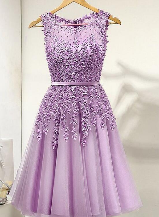 Cute V Neck Purple Lace Short Prom Dresses, Lilac Lace Homecoming