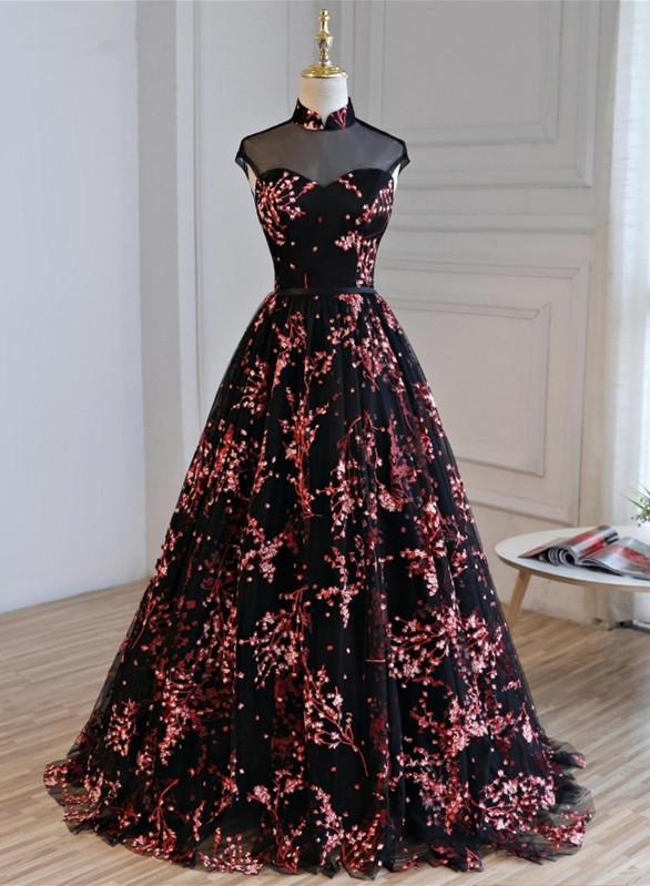 Charming Black Floral A-line Backless Long Wedding Party Dress, Black ...