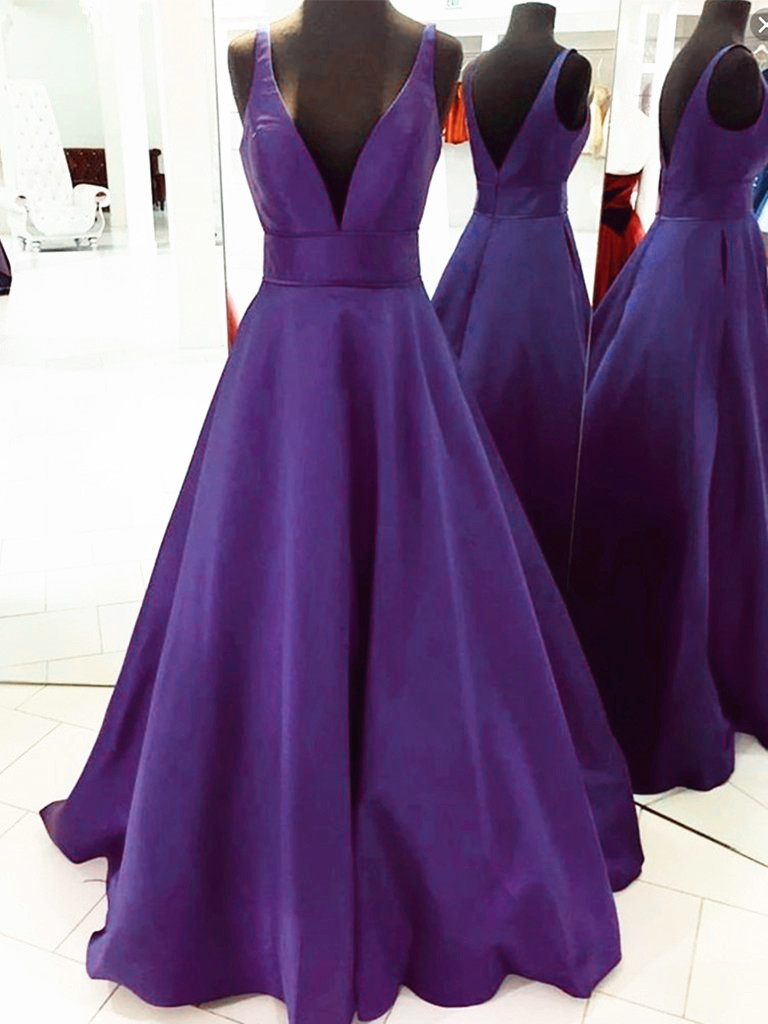 Purple Satin Open Back V-neckline Prom Dress, Purple Long Formal Dress Evening Dress