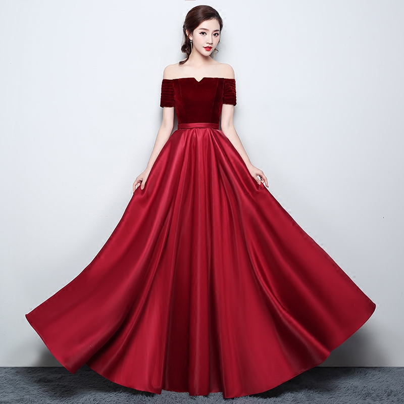 Dark Red A-line Short Sleeves Satin Long Party Dress, Long Formal Dress Evening Dress