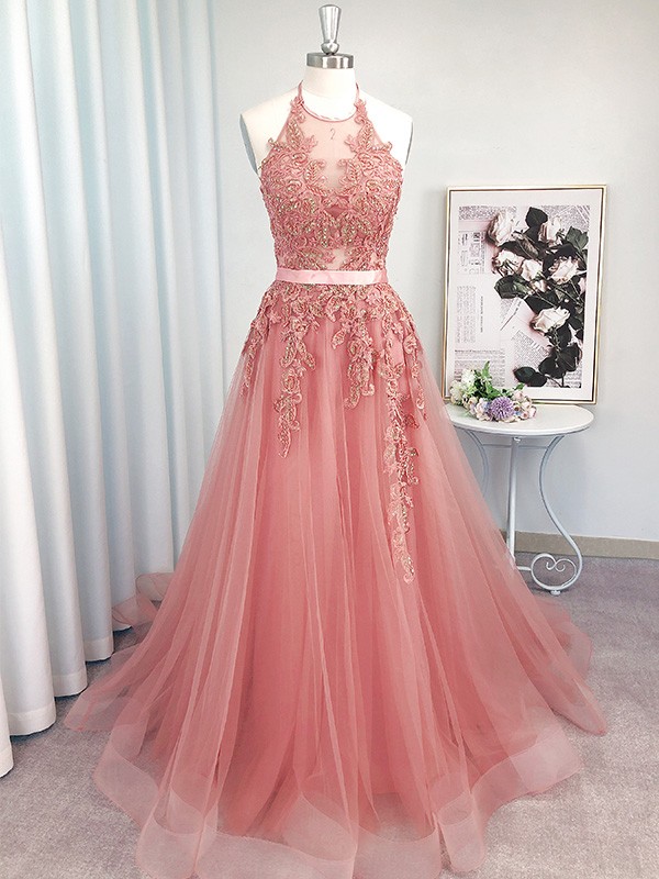 Pink Halter Tulle With Lace Applique Long Junior Prom Dress, Pink Formal Dress Evening Dress