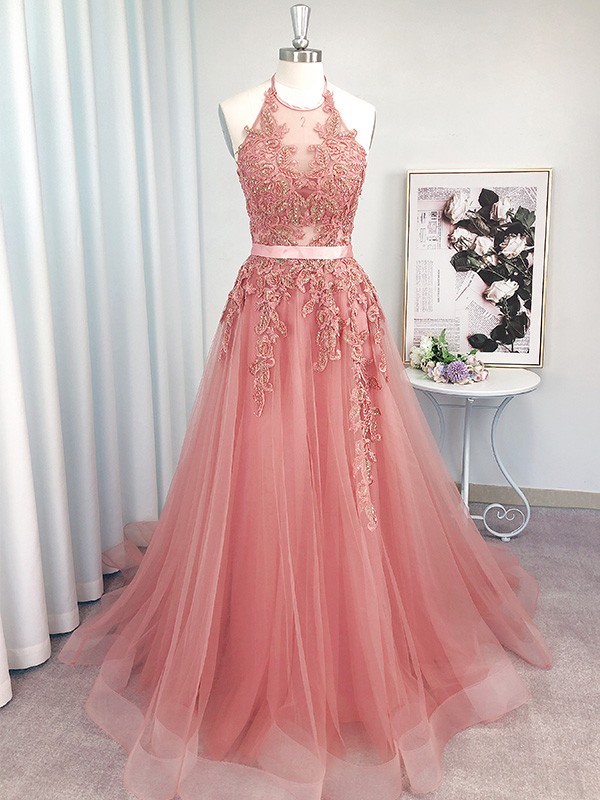 Pink Halter Tulle With Lace Applique Long Junior Prom Dress Pink Formal Dress Evening Dress on Luulla