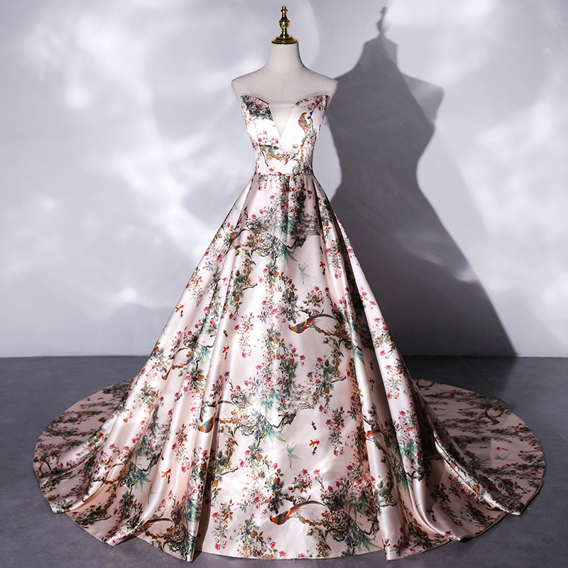 Beautiful Floral Satin Ball Gown V-neckline Long Formal Dress, Pink Long Evening Dress Prom Dress