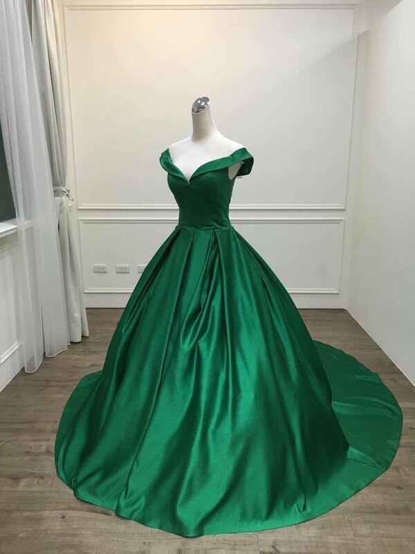 Dark Green Satin Sweetheart Ball Gown Party Dress, Green Off Shoulder Evening Dress Prom Dress