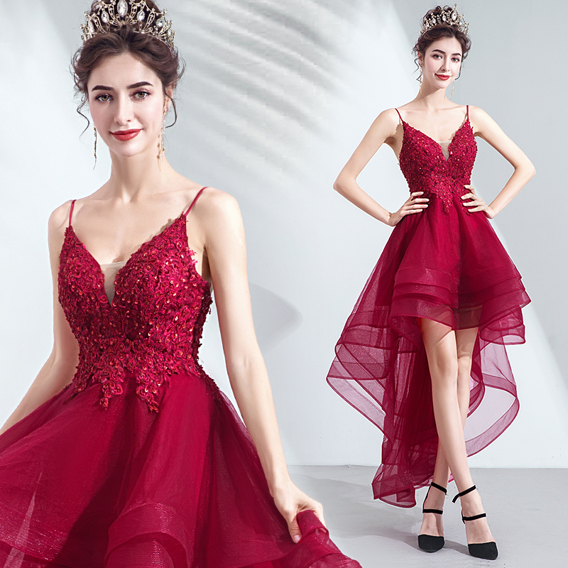 Wine Red Straps High Low Tulle With Lace Short Prom Dress, Chic Dark Red Homecoming Dress