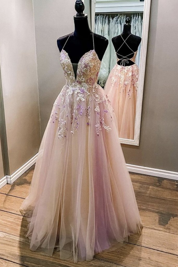 Charming V Neck Backless Pink Lace Floral Long Prom Dress, Pink Lace Formal Dress, Pink Evening Dress