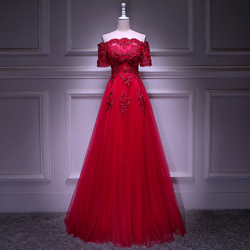 Fashionable Red Tulle Short Sleeves Lace Applique Long Junior Prom Dress, Red Formal Gown