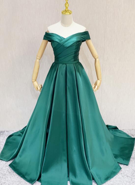 Green Off Shoulder Satin Sweetheart Long Formal Dress, A-line Green Wedding Party Dress