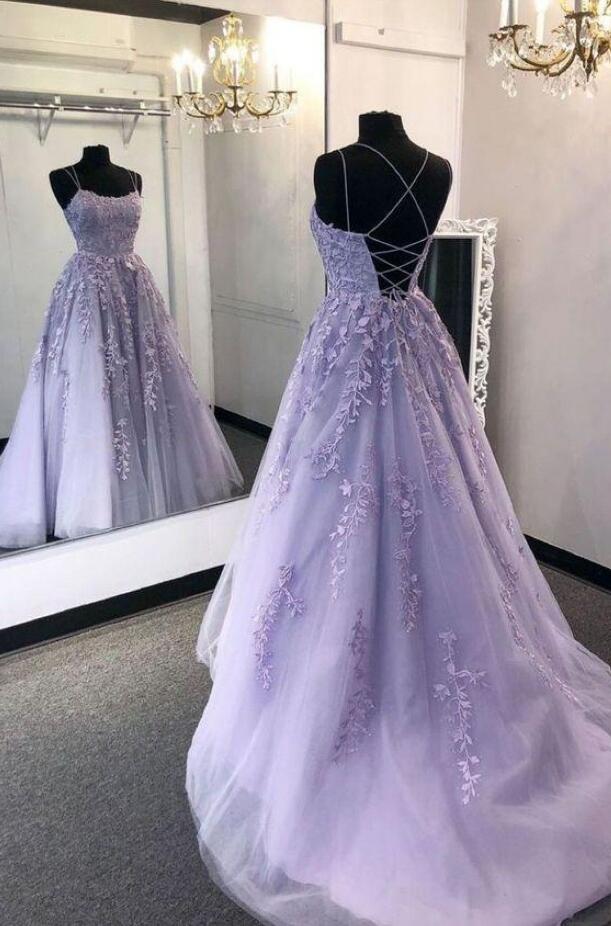 Lavender Backless Tulle Lace Long Prom Dresses, Open Back Purple Tulle Lace Formal Evening Party Dresses