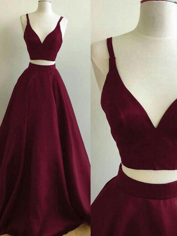 Two Piece Wine Red Satin V-neckline Long Party Dress, Two Piece Formal Dress Evening Dress