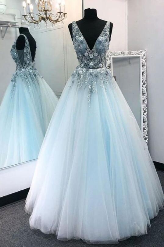 Light Blue Tulle V-neckline Lace Applique Formal Gown, Blue Prom Dress Evening Dress