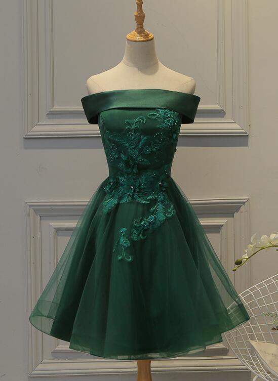 Green Satin Short Lovely Tulle Lace Applique Party Dress, Short Off Shoulder Formal Dress