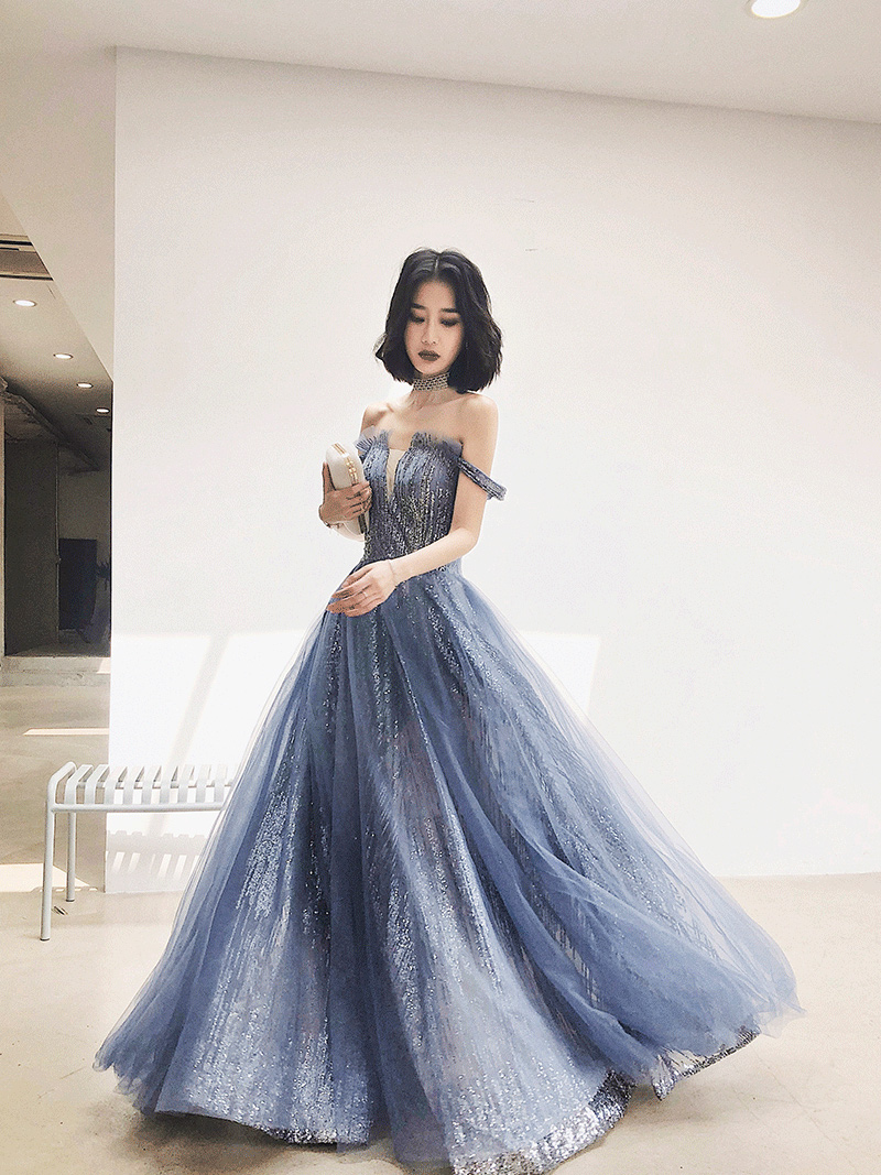 Blue And Grey Off Shoudler Shiny Tulle Long Party Dress, Off Shoulder A-line Prom Dress
