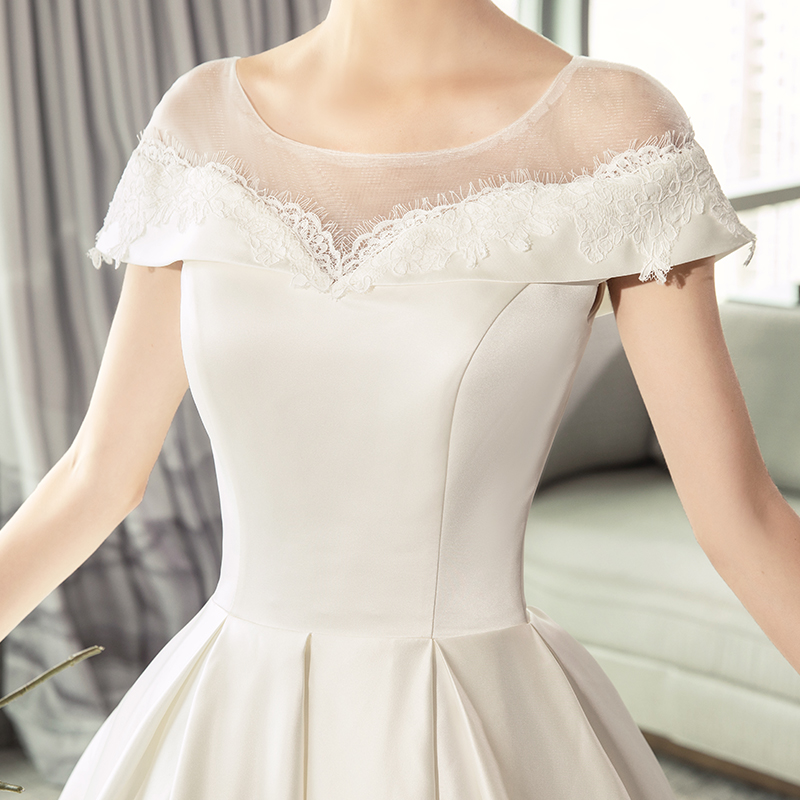 Simple Pretty Ivory Satin Cap Sleeves With Lace Ball Gown Wedding Dress ...