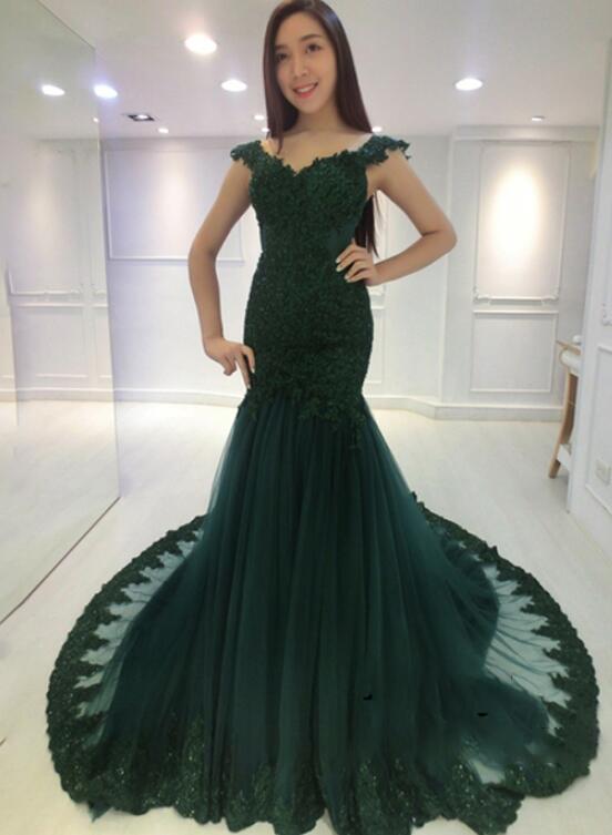 Sexy Hunter Green Tulle Mermaid Lace Applique Evening Gown, Dark Green Party Dresses