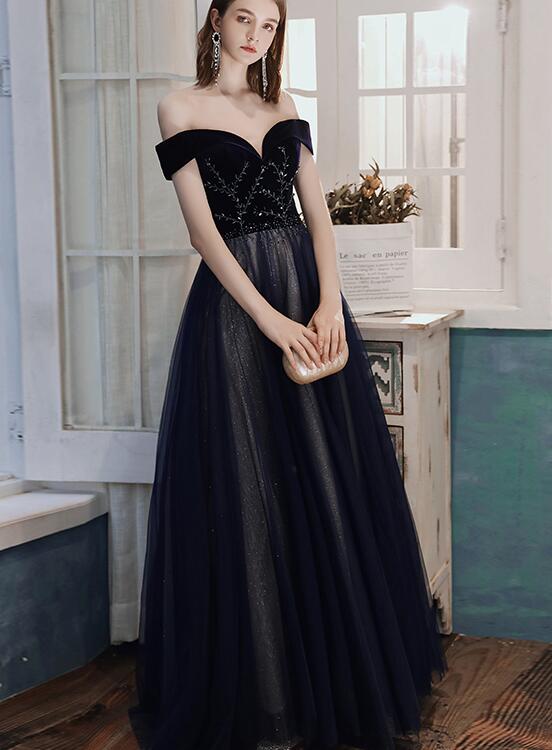 Gorgeous Black Off Shoulder Tulle And Velvet Beaded Long Party Dress, A-line Sweetheart Prom Dress