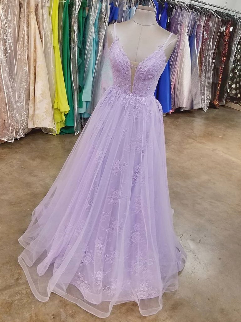Light Purple Lace V-neckline Straps Long Party Dress, Tulle Evening Dress Formal Dress