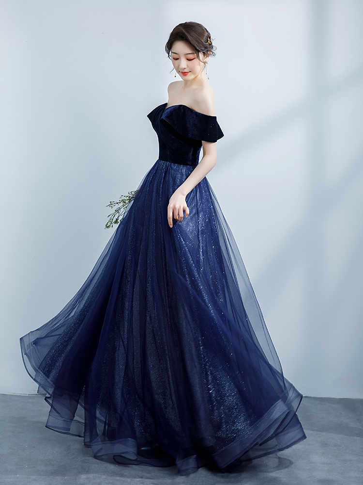 Velvet Top Off Shoulder With Shiny Tulle Skirts Long Prom Dress, A-line Foolr Length Evening Dress