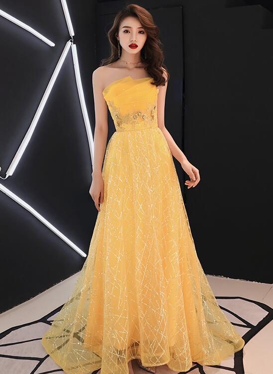 Charming Yellow Tulle Flowers Beaded Floor Length Prom Dress, Yllow Formal Gown Evening Dress