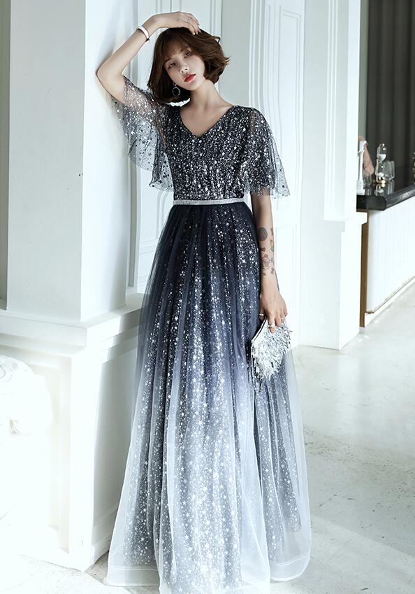Shiny Dark Blue Tulle Puffy Sleeves Long Formal Dress, A-line Evening ...