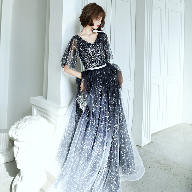Shiny Dark Blue Tulle Puffy Sleeves Long Formal Dress, A-line Evening Dress Party Dress