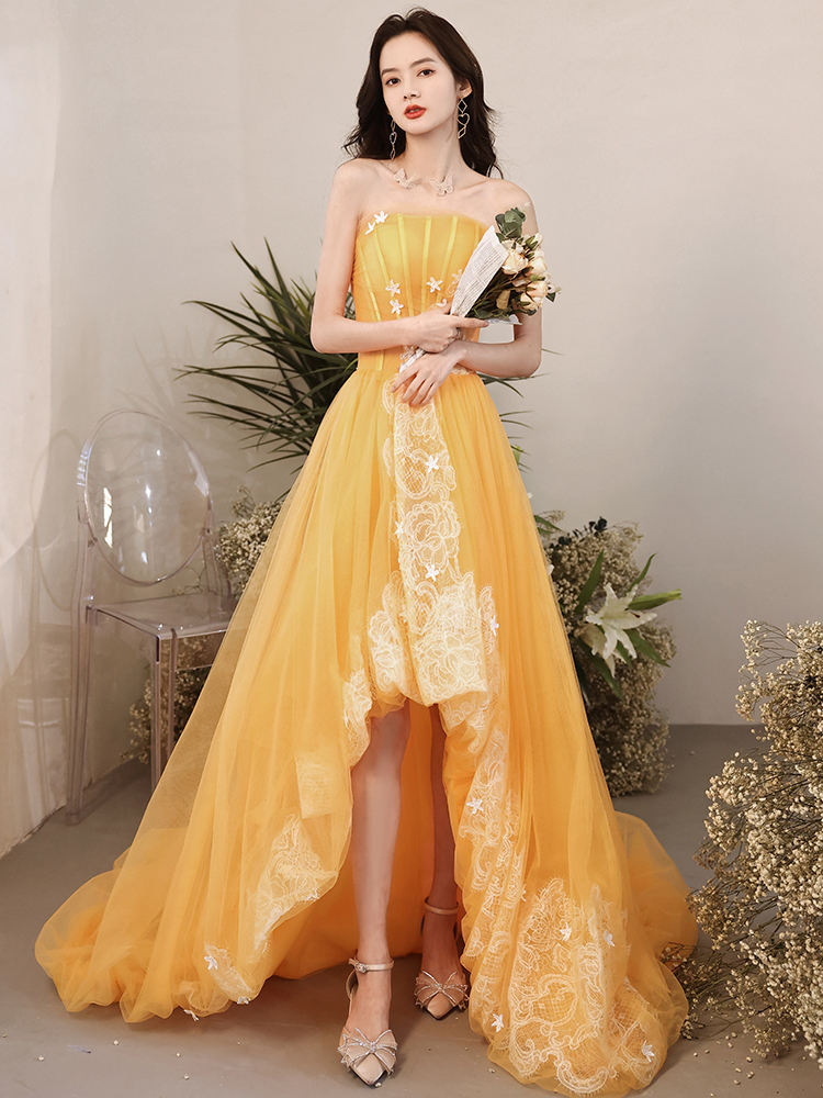 Light Yellow Tulle With Lace High Low Party Dress, High Low Prom Dress Homecoming Dress