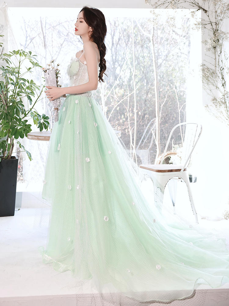 Mint Green Flowers Tulle Princess Long Formal Party Dress, Sweetheart Formal Dress Evening Dress