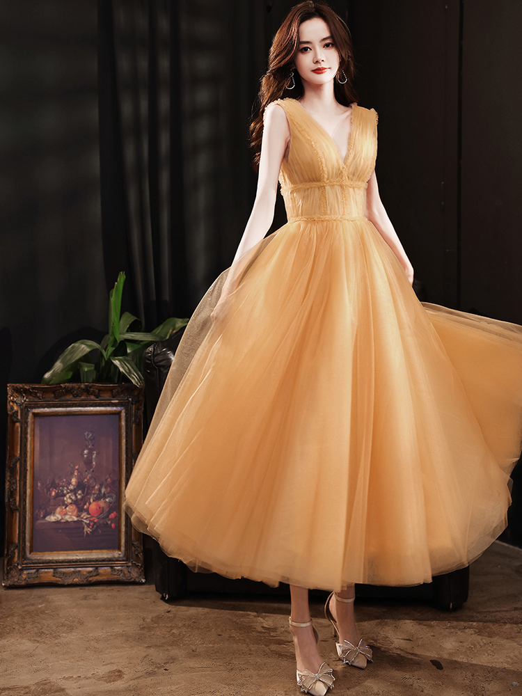 Beautiful Dark Yellow Tulle Tea Length Party Dress Tea Length Wedding Party Dress