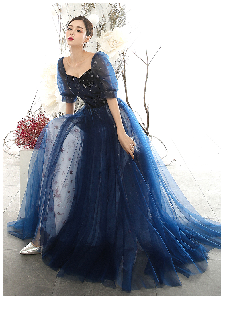 Blue Sweetheart Long Party Dress With Stars Pattern, Blue Velvet Long Formal Gown Evening Dress