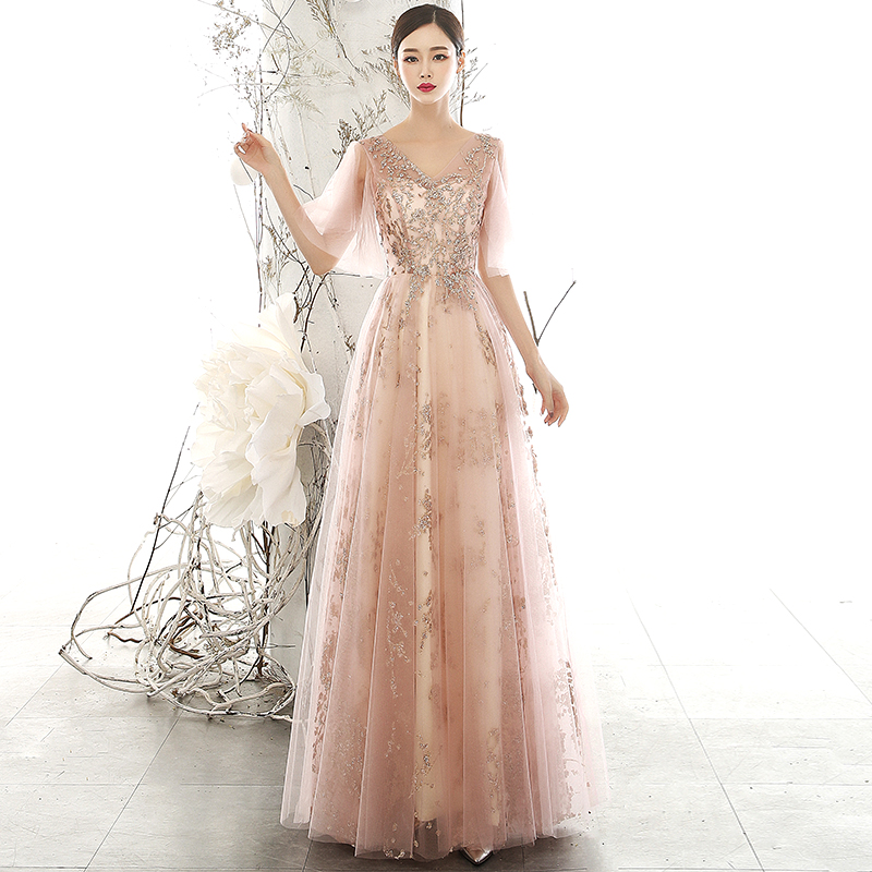 Pink Sleeves Tulle With Lace Applique Bridesmaid Dress, V-neckline Long Evening Dress Prom Dress