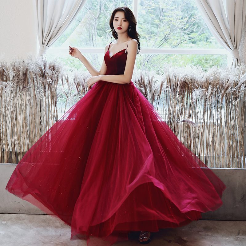Style Chich Wine Red Velvet And Tulle Long Evening Dress, Prom Dress Party Dress