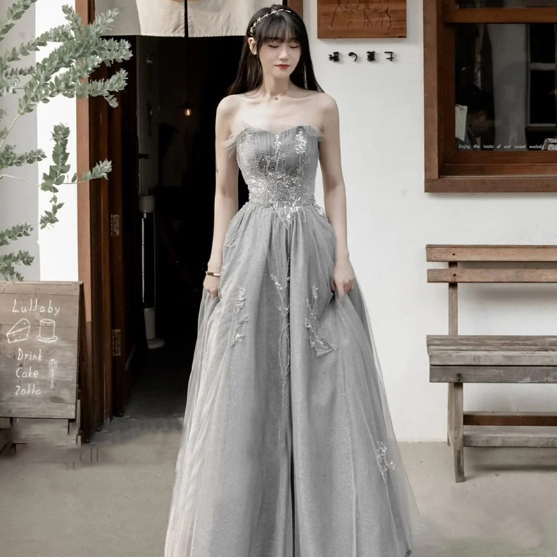 Light Grey Tulle Beaded And Sequins Scoop Long Evening Dress, Grey Party Dress Formal Dress