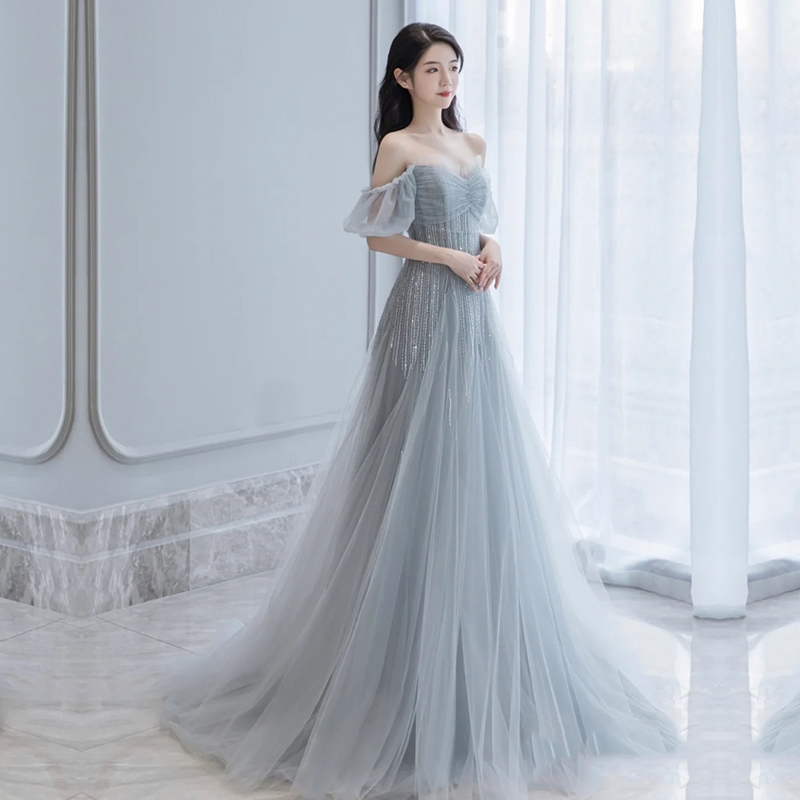 Light Grey Tulle Sweetheart Off Shoulder Long Party Dress, A-line Tulle Evening Dress Prom Dress