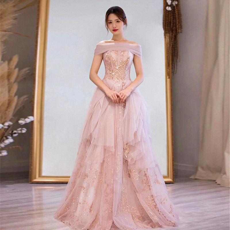 Pink Long Soft Tulle Off Shoulder Elegant Evening Gown, Pink Long Formal Dress Prom Dress