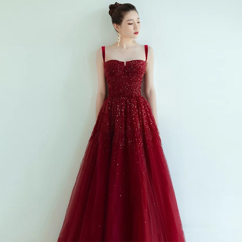 Wine Red Sequins Straps Long Tulle Formal Dress, Red Evening Dress Party Dress