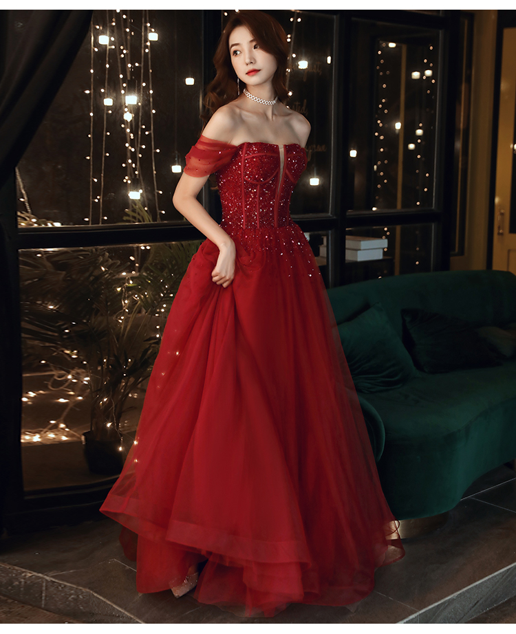 Beautiful Wine Red Sequins Off Shoulder Long Prom Dress, A-line Red Shiny Evening Dresses